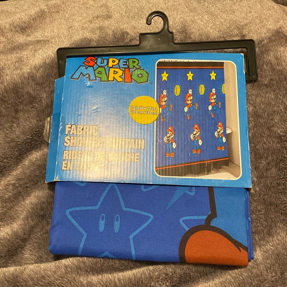 Mario bros shower curtain, Blue Mario with coins NO HOOKS , 70in W x 72inL